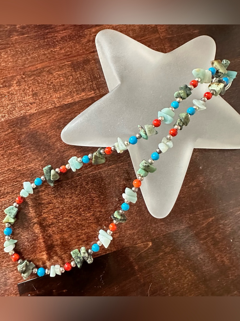 90s vintage Sterling silver & semi precious stone beaded necklace, 16 inches
